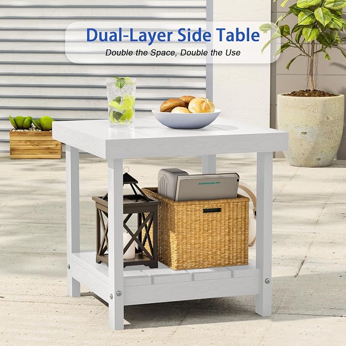 2-Tier HDPE Outdoor Square Side Table, Heavy-Duty Patio Side Table with Storage Shelf, Weather-Resistant Adirondack End Tables for Backyard, Pool, Porch, Garden, Lawn, White