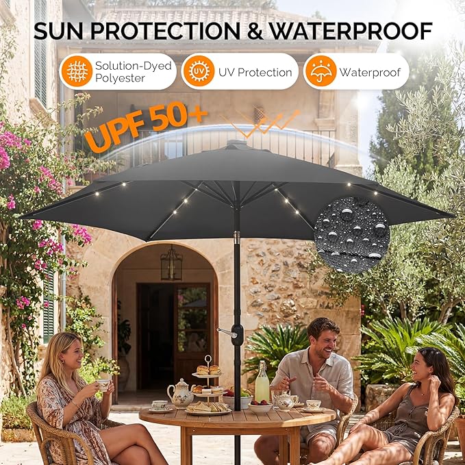VINGLI 9FT Patio Umbrella with Solar Lights, Outdoor Umbrella with Push Button Tilt and Crank, Umbrella Outdoor Patio for Patio, Deck, Backyard, Pool