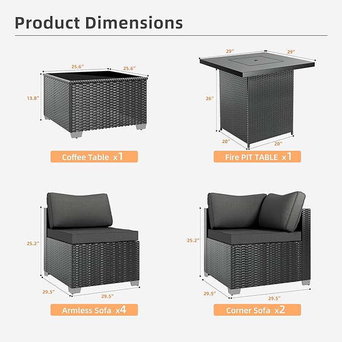 8-Piece Outdoor Patio Sectional Sofa Set with Fire Pit Table – PE Wicker Rattan Modular Conversation Furniture, Cushions & Clips Included – Patio Couch for Porch, Backyard, Poolside, Garden