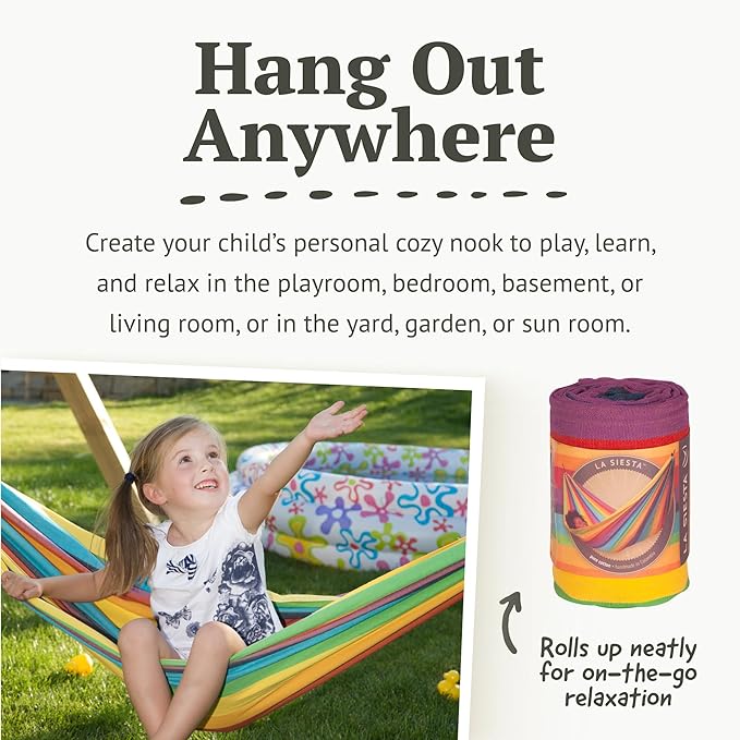 LA SIESTA Iri Kids Hammock for Indoor & Outdoor Play, Easy-to-Clean Materials, Super Soft Cotton, Ages 3-10, Max 175 Lbs, Rainbow