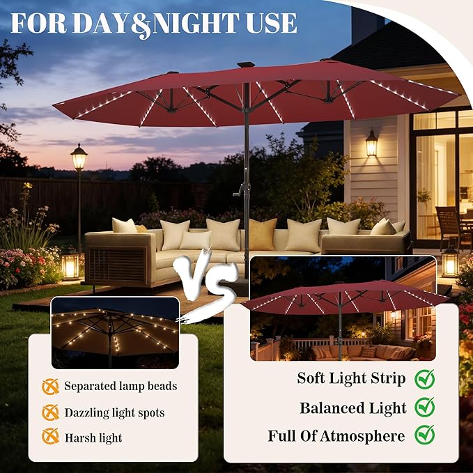 GDPFN 15ft Rectangular Patio Umbrella with Solar LED Lights, Double-Sided Outdoor Market Umbrella with Base Included, Extra Large Shade for Pool, Deck, Backyard, Garden, Burgundy
