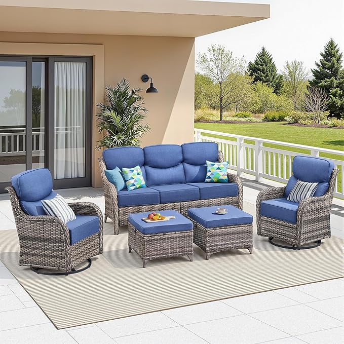 Luxury 5 Pieces Outdoor Patio Furniture Set-High Back Swivel Rocker Patio Chairs with Sofa and Ottomans, 6-inch Extra Thick Cushions Wicker Outdoor Conversation Set for Garden Porch(Grey/Blue)