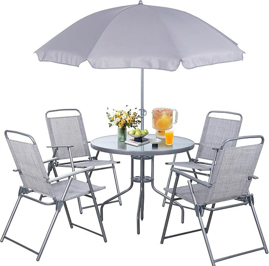 Vongrasig WM 6 Pieces All Weather Folding Patio Dining Set, Small Metal Outdoor Table and Chairs Set, Silver
