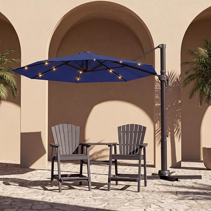 Kingdura 9ft Cantilever Patio Umbrella with Base Included & Solar Lights, Large Round Metal Outdoor Offset Umbrella with 360-degree Rotation, 4 Position Tilt, UV Protection for Pool Deck Patio (Navy blue)