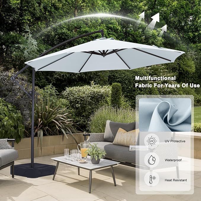 ABCCANOPY 10FT Cantilever Patio Umbrella with base included, 360° Rotation Outdoor Offset Umbrella Bonus Fix Frame & Weights Bag (Light Gray)