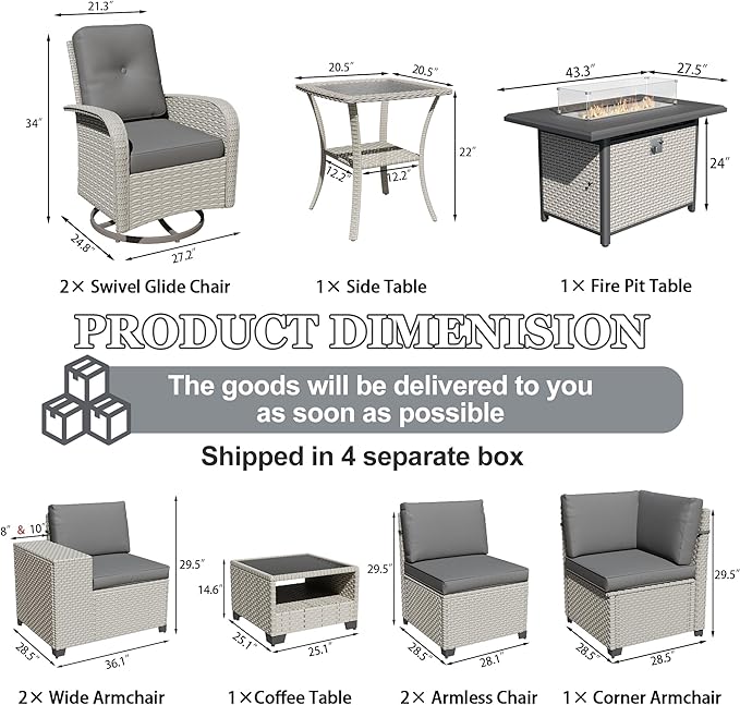 10-Piece Outdoor Patio Furniture Set, Modular Sectional Sofa Set with Swivel Rocker Chairs & Fire Pit, Wicker Outdoor Couch Conversation Sets w/Coffee Table and Cushions, Gray