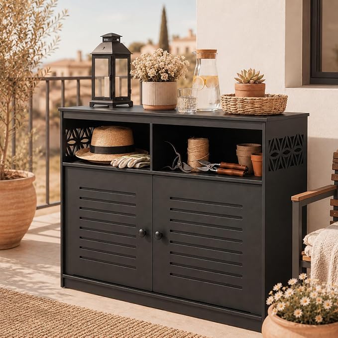 VINGLI Outdoor Storage Cabinet Waterproof, 87 Gallon Patio Deck Storage Cabinet with 2 Doors & Open Shelves, All-Weather Resistant Outdoor Sideboard with Decorative Cutout for Patio, Garden, Yard