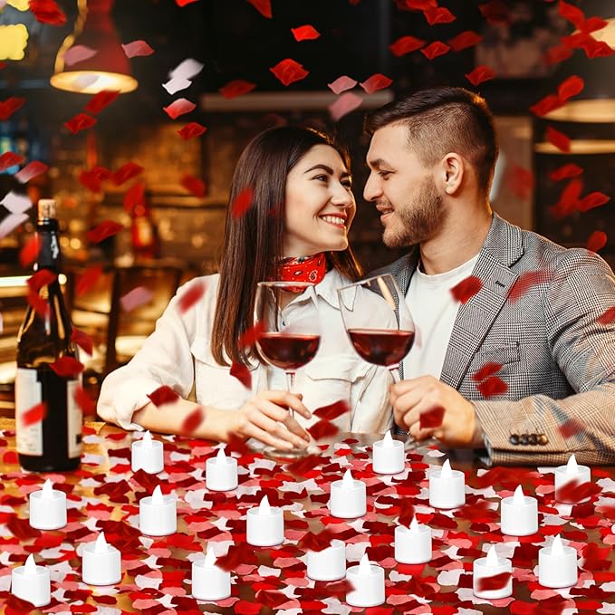 Coume 6000 Pcs Artificial Rose Petals with 72 Pcs Flameless LED Candles Romantic Decorations Fake Candles Anniversary Decorations for Valentine's Day Wedding Night(White with Red Series Petal)