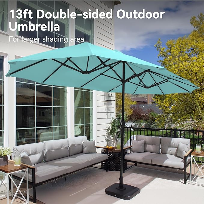 PHI VILLA 13ft Large Patio Umbrellas, Double-Sided Outdoor Market Rectangle Umbrella for Outside, Turquois