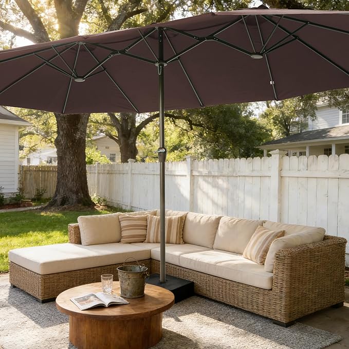 15FT Large Patio Umbrellas with Base Included, Outdoor Double-Sided Rectangle Big Market Umbrella with Stand, Outside Umbrellas for Poolside Lawn Backyard,Brown