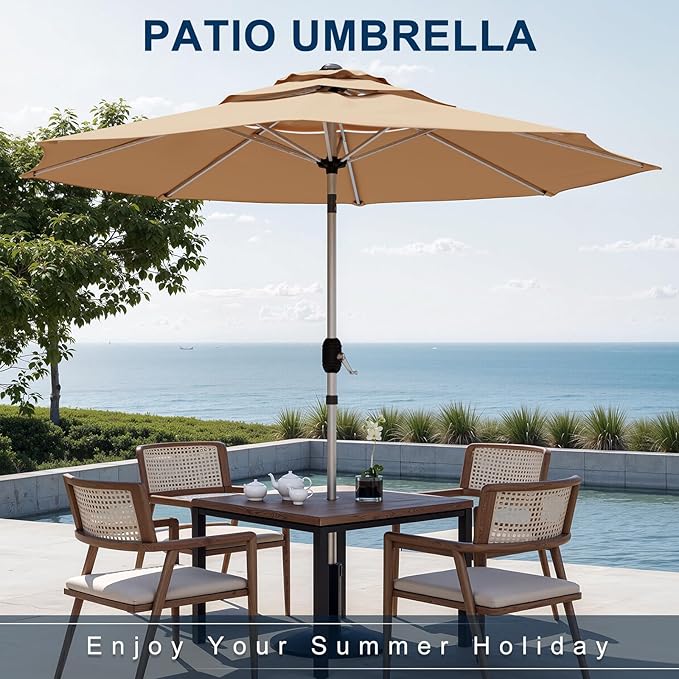 10FT 3-Tier Aluminum Outdoor Patio Umbrella, Fade-Resistant Market Umbrella with Push Button Tilt Function, 8 Sturdy All-Aluminum Ribs for Gardens, Patios, Backyards & Pools