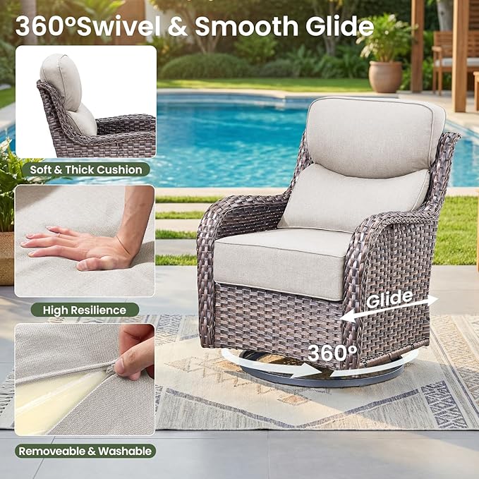 Luxury Patio Furniture Set with 6-inch Thick Cushion, Outdoor Furniture with Fire Pit Table, Swivel Chairs, Side Table, Sofa, 5pcs Wicker Conversation Set for Deck Yard and Poolside(Beige)