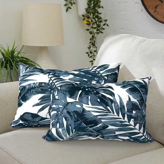 DYTXIII Pack of 2 Outdoor Waterproof Lumbar Pillow Covers ONLY, 12x20 Rectangle Decorative Double Printed Pillow Cases for Patio Couch Porch Furniture - Palm Blue