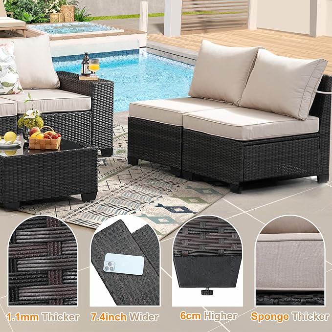 8 Pieces Patio Furniture Set,Wicker PE Rattan Outdoor Sectional with Cushion & Coffee Table, Patio Conversation Sofa for Garden, Backyard, Poolside, Beige