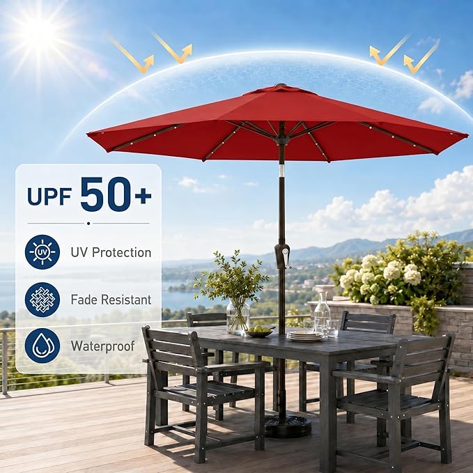 10FT Solar Patio Umbrella with Lights, Outdoor Table Market Umbrella with 32 LED Lights, 8 Sturdy Ribs, Push Button Tilt and Crank for Pool, Deck and Garden, UV-Resistant