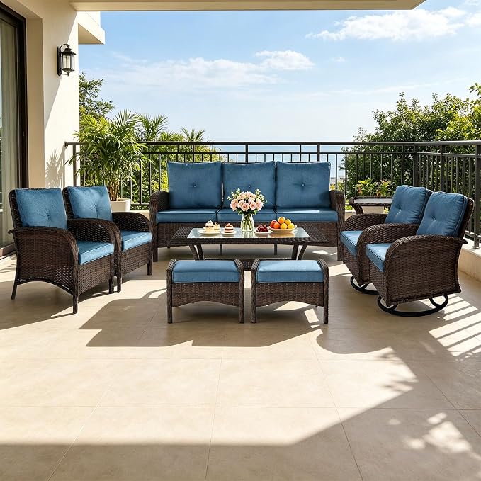 All Weather Patio Furniture Set, High Back Swivel Rocker Glider Chairs，Ottomans & Glass Tables, Outdoor Conversation Set for Deck Porch Yard Poolside (Blue, 9PCS-Swivel Chairs&Chairs&Sofa&Tables)