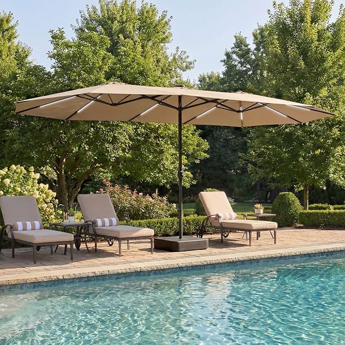 15FT Patio Umbrella with Solar Light Bar, Large Double-Sided Outdoor Table Umbrella with Base, Crank, Steel Ribs and Pole for Patio, Beach Sun Umbrellas for Backyard, Poolside, Beige