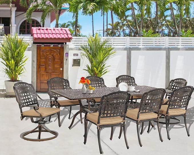 TITIMO 9-Piece Cast Aluminum Patio Furniture Set, Outdoor Dining Set Bistro Conversation Set, Rectangular Dining Table Set w/Cushions Umbrella Hole (Khaki-Fixed Grid Chair+Swivel Grid Chair, 9 Pcs)