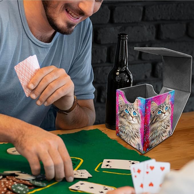 Deck Box for MTG, Cards Storage Box Fits 120+ Sleeved, Leather Medium Size Strong Magnetic Closing Card Case for Board Games Magic TCG CCG Baseball Collection, Cute Blue Eyed Cat