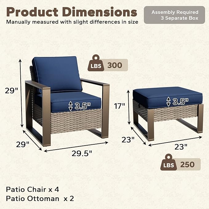 6 Pieces Metal Wicker Patio Furniture Set - Four Armchairs and Two Ottomans, All Weather Rattan Outdoor Conversation Furniture with Washable Cushion for Deck Porch, Dark Blue