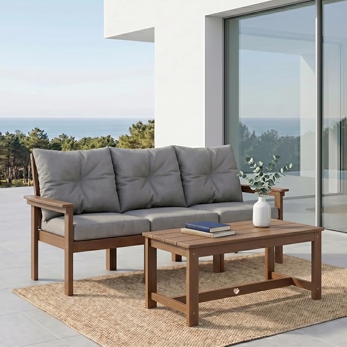 HDPE 3 Piece Patio Furniture Set, All-Weather Outdoor Couch Set with Thick Cushions, Patio Conversation Sets for Lawn, Garden, Porch, Deck, Balcony, Poolside, Teak Frame Grey Cushion