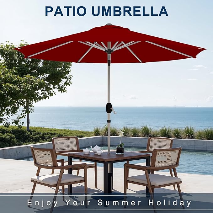 10FT Aluminum Outdoor Patio Umbrella, Fade-Resistant Market Umbrella with Push Button Tilt Function, 8 Sturdy All-Aluminum Ribs for Gardens, Patios, Backyards & Pools