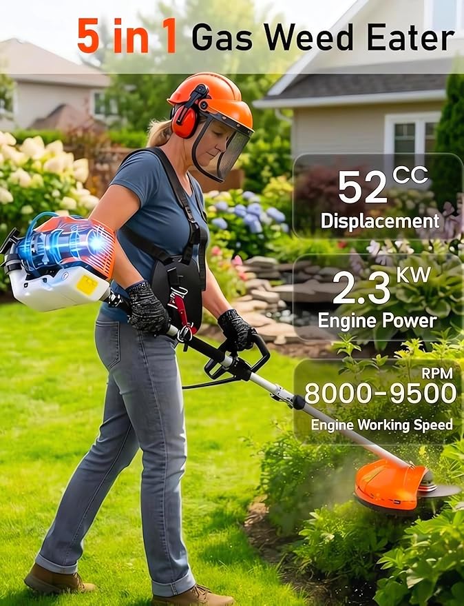 52CC 2-Stroke Gas Weed Wacker, 5 in 1 Gas Weed Eater, 2026 Upgraded Weed Eater Gas Powered, 9500rpm High Power Gas Hedge Trimmer, Brush Cutter for Yard, Garden, with EPA & CE-MD Certification