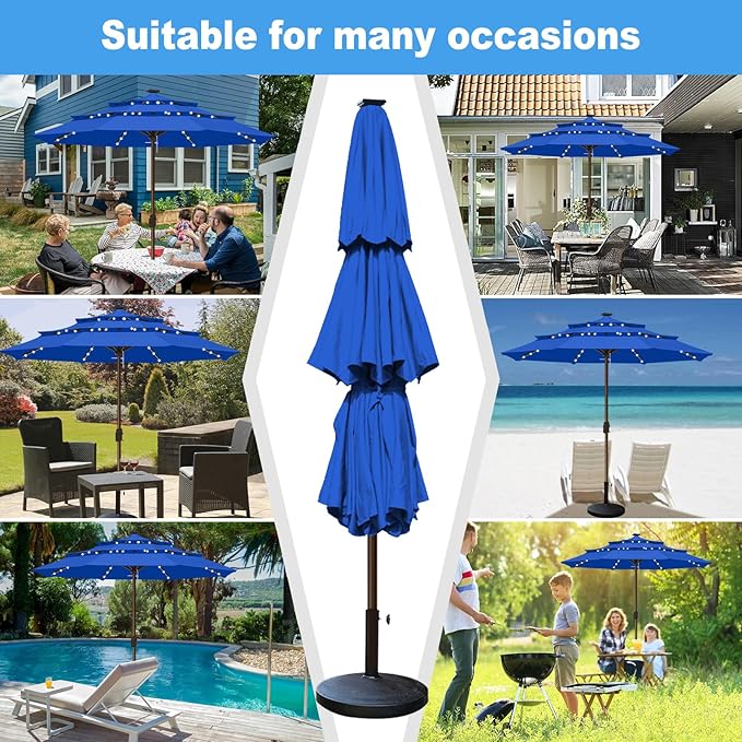 Eurmax USA 10-Year-Non-Fading 10FT 3-Tier Outdoor Patio Market Umbrella with LED Lights,UPF50+ UV Resistant,Commercial Grade,Crank Lift Design,Windproof Vented Top for Garden,Pool,Deck,Pacific Blue