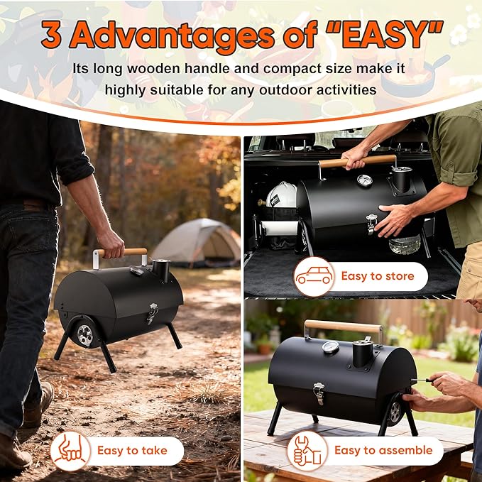 Portable Charcoal Grill with Basic BBQ Tools, HaSteeL Compact Tabletop Barbecue Grill with Thermometer, Small Smoker for Outdoor Camping Backyard Beach BBQ, Thick Steel, Easy to Assemble
