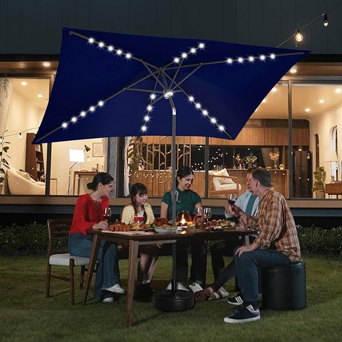 FLAME&SHADE 6.5 x 10 ft Rectangular Solar Powered Outdoor Market Patio Table Umbrella with LED Lights and Tilt, Navy Blue