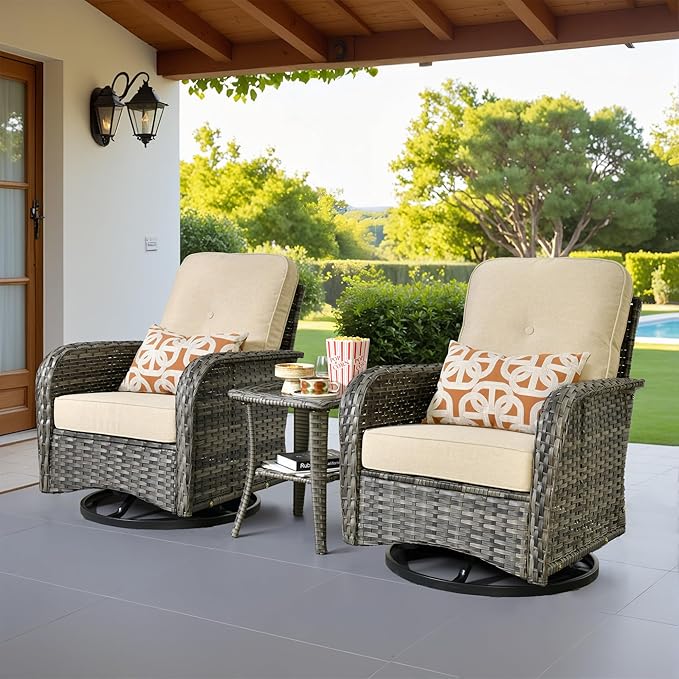 Weaxty Outdoor Swivel Rocker Patio Chairs, 3 Pieces Patio Furniture Set with Rocking Chair and Wicker Side Table, Outdoor Furniture Conversation Set for Porch, Deck, Yard, Balcony, Beige