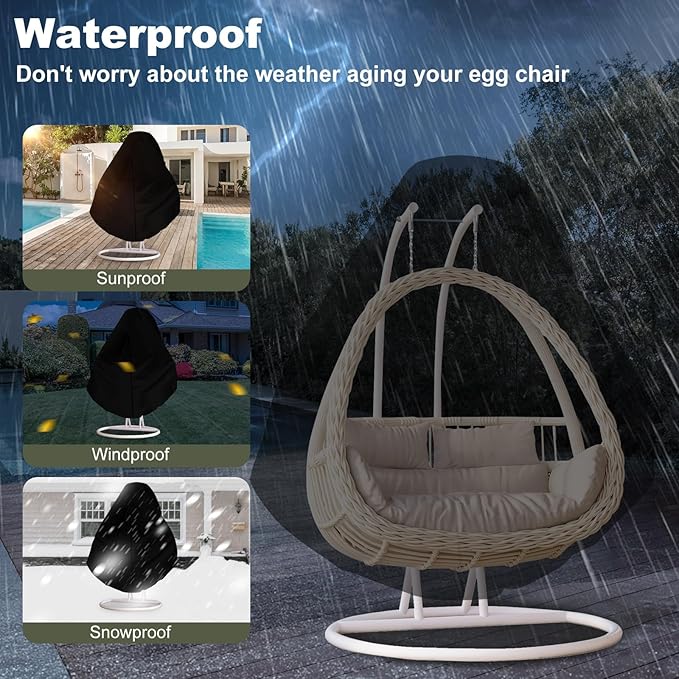 Heavy-Duty Outdoor Egg Chair Cover for Two-Seater - Zippered, UV-Resistant, Windproof, Anti-Oxidation & Anti-Fade Protection for Hanging Wicker Rocker Chairs, 79"x91" (Black)