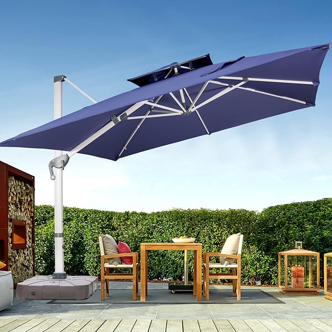 Cantilever Patio Umbrella with Cross Base and Cover Included - 360° Rotation Large Heavy Duty Offset Outdoor Umbrella with Easy Tilt for Pool Backyard Deck Garden (11x11 FT Navy Blue)