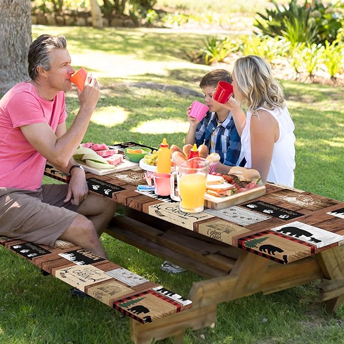 Picnic Table Cover with Bench Covers Elastic Edges, Vintage Camper Fitted Table Cover, Outdoor Patio Camping Essentials 72 Inch 3PCS, Waterproof Camping Fitted Tablecloth with Drawstring Bag