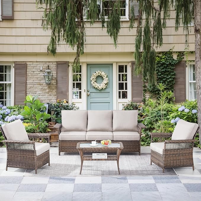 Patio Furniture Set 2 Wicker Patio Chairs 1 Sofa with PE Rattan Coffee Table Brown Wicker Beige Cushions Patio Conversation Set 4pcs for Garden Balcony Sunroom Backyard