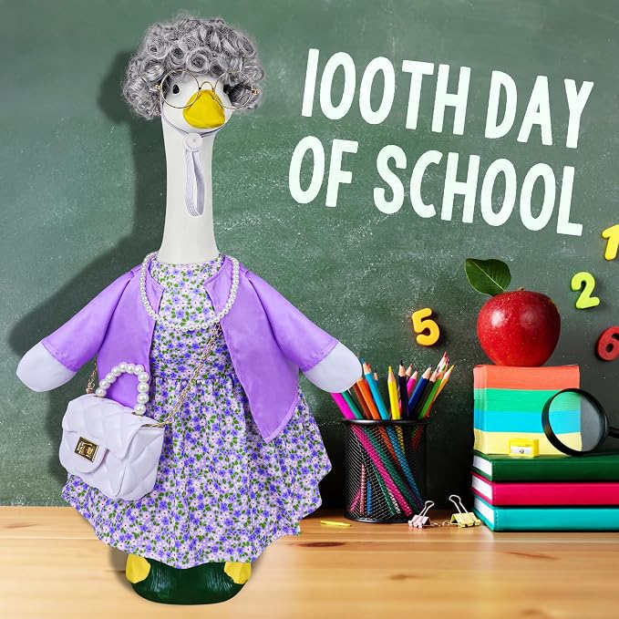 Old Lady Porch Goose Outfits, 100 Days Grandma Wigs with Goose Clothes for 23" Lawn Cement Plastic Geese Statues for Garden Yard Holiday Decoration