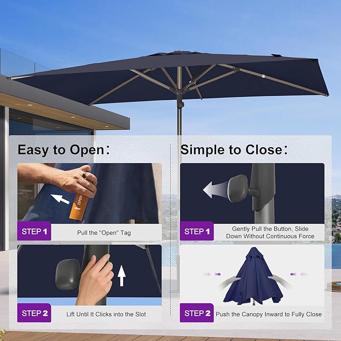 PURPLE LEAF 6 X 10 FT Commercial Rectangle Patio Market Umbrella Semi Auto Heavy Duty 1.9" Aluminum Pole 6 Sturdy Ribs for Outdoor Dining Business Restaurant Poolside Hotel Resort Wedding Venue Cafes Garden Navy Blue