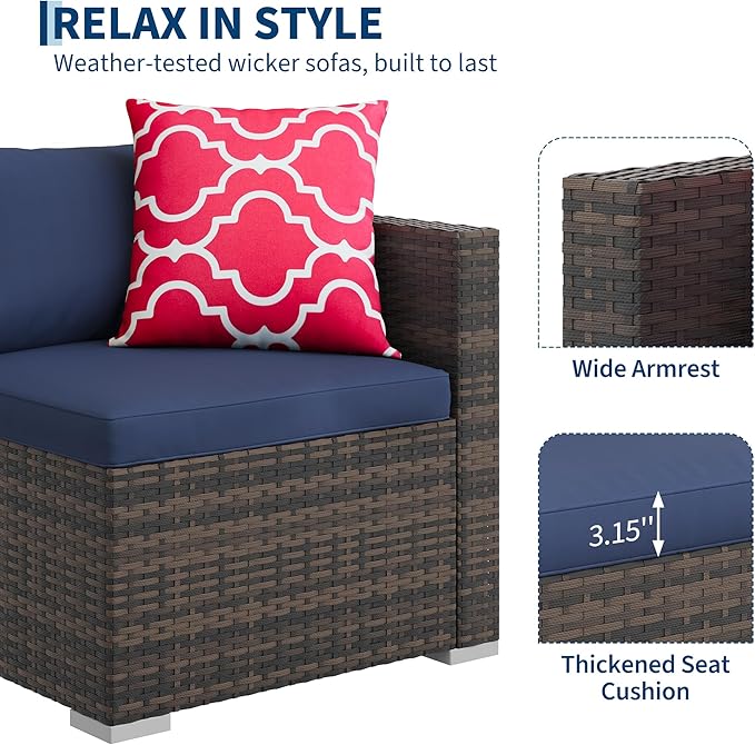 5-Piece Outdoor Sectional Sofa Set, All-Weather PE Rattan Patio Furniture with Ottoman & Tempered Glass Table, Convertible Garden Couch for Backyard, Porch, Poolside (Brown/Navy Blue)