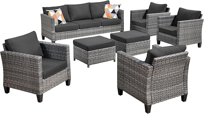 HOOOWOOO 7-Piece Patio Furniture Set–Stylish,Comfortable Outdoor Rattan Sofa Set with 4 Chairs,2 Ottoamns,Weather-Resistant Patio Conversation Set for Deck,Garden,Balcony (Black)
