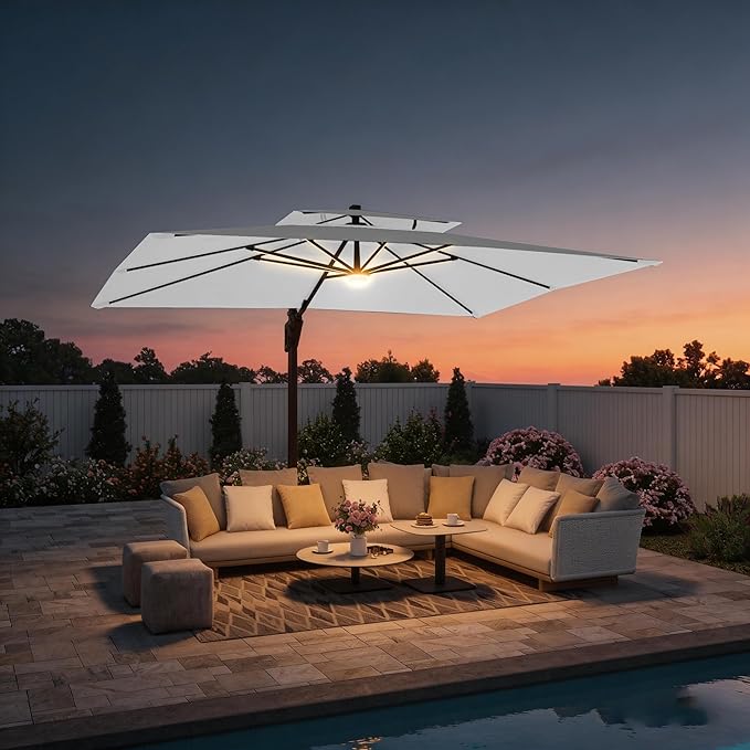 9 X 12 FT Cantilever Outdoor Patio Umbrella with Base Included Large Heavy Duty 360° Rotation Double Top Offset Rectangular Umbrellas with LED Lights for Backyard Outside Deck, Fog Grey