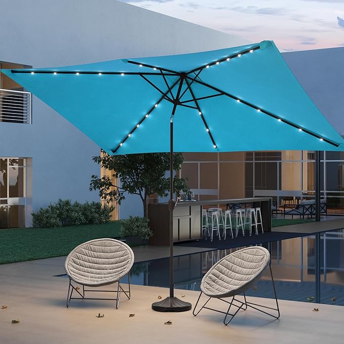Rectangle Patio Umbrella with Solar Lights, 10 x 6.5ft Rectangular Outdoor Umbrella Table Market Patio Umbrella with Push Button Tilt and Crank for Garden, Deck, Backyard, Pool