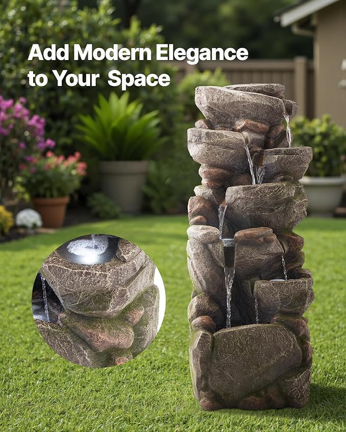 VEVOR Outdoor Water Fountain, 38.98 in Height Fountain and Waterfall, 7-Tier Floor Standing Rock-Shaped Cascading Fountains with LED Light and Pump, for Outdoor Indoor Garden, Home, Patio & Backyard
