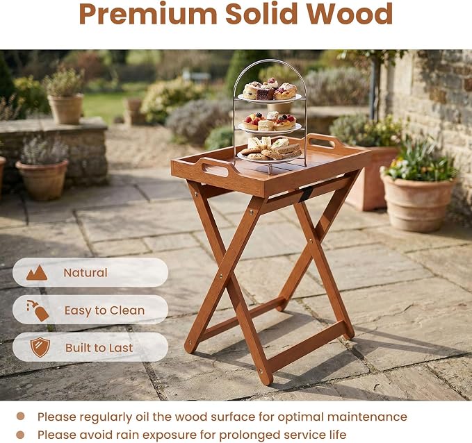 HAPPYGRILL Outdoor Wood Tray Table Folding Side Table with Removable Serving Tray, Portable Patio End Table for Porch, Garden, Backyard, Poolside (2)
