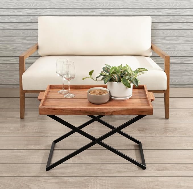 Kate and Laurel Monaco Transitional Wood Tray Table for Patio, 31 x 16 x 28, Natural Brown and Black, Decorative Modern Indoor or Outdoor Coffee Table or Side Table with Removable Serving Tray Top