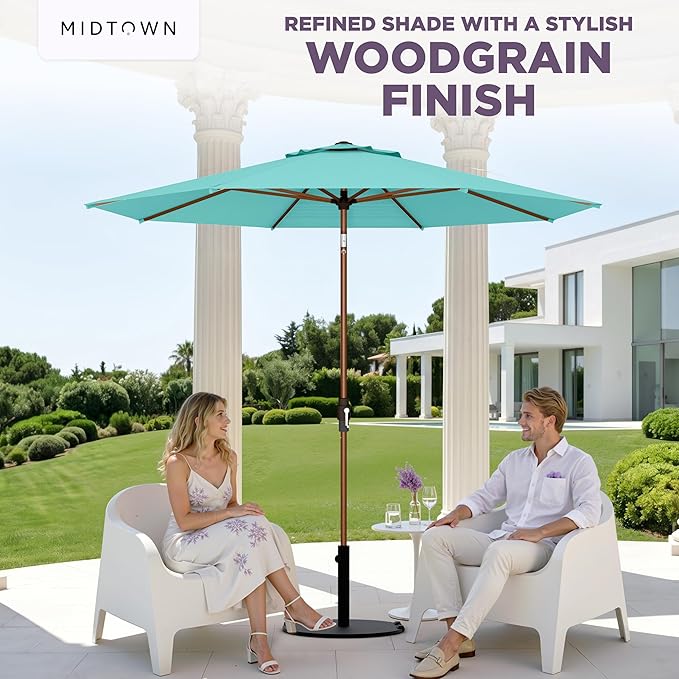Midtown Umbrellas Sunbrella Umbrella Outdoor Patio Umbrella 2-9 Feet in Sunbrella Aruba Acrylic Fabric, Auto-Tilt Aluminum Frame For Backyard, Deck & Porch Umbrella - Wooden Pole