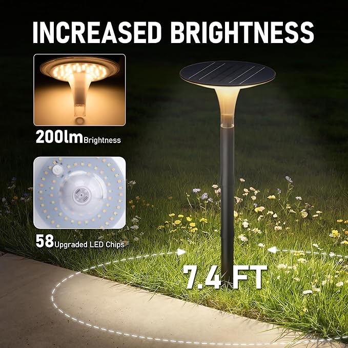 JOFIOS Solar Pathway Lights 2 Pack, 3 Color Modes, 200LM 58 LEDs Bright Landscape Lighting, 2000mAh Battery 10H+ Runtime, IP65 Waterproof Modern Walkway Lights for Garden Yard Driveway