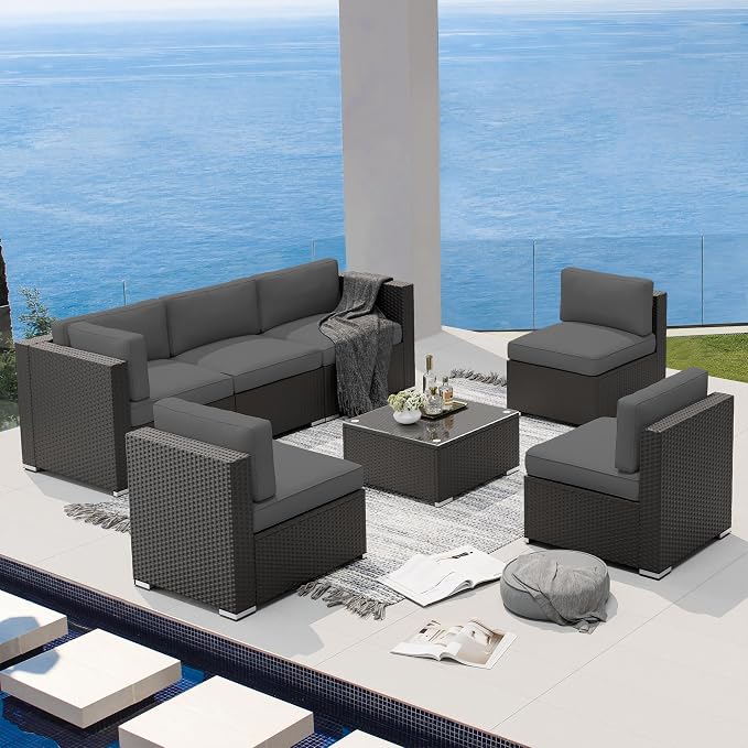 Betterland 7 Piece Outdoor Sectional Sofa Patio Furniture Set, All-Weather PE Rattan Wicker Patio Conversation Set with Washable Cushion and Glass Table(Grey)