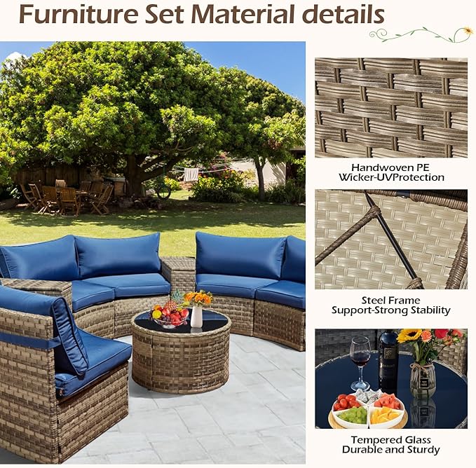 ECOTOUGE Large Half-Moon Outdoor Patio Furniture Set, 9 Piece Wicker Rattan Patio Sectional Furniture Sofa Set Conversation Set for Pool Backyard Balcony Garden(Blue)