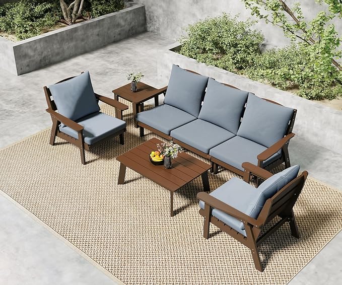 FOOWIN 7-Piece Patio Furniture Set, HDPE All-Weather Outdoor Conversation Set with Thick Cushions, Sectional Patio Sofa Furniture for Deck, Porch, Lawn, Garden, Brown Frame & Grey Cushion
