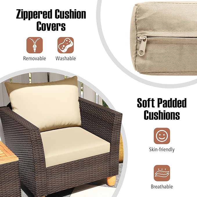 Tangkula 3 Piece Patio Furniture Set, Patiojoy Outdoor PE Wicker Bistro Set with Soft Cushions and Solid Acacia Wood, Outdoor Conversation Set with Porch, Balcony and Garden